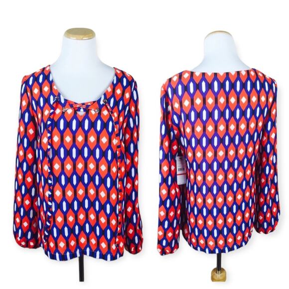 LAUNDRY SHELLI SEGAL Diamond Lace Up Long Sleeve Blouse XS Career Geometric NWT - Picture 1 of 5